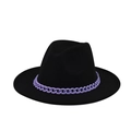 Detail of black wool fedora hat featuring a chunky purple plastic chain accessory - Black(24)