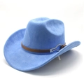 Close-up of bright blue felt cowboy hat with brown leather band and silver metal buckle - M(56-59CM) / Sky Blue