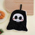 Hanging coral fleece hand towel with cute Halloween skeleton design and black lanyard - Black Ghost