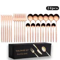 Detailed 24-piece rose gold stainless steel cutlery set with elegant black gift box - 24-Piece Set / Rose Gold