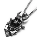 Silver Viking skull pendant necklace with horn helmet and axes on a cuban chain - Devil Horn + Titanium Steel Chain