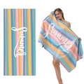 Pink and blue striped microfiber beach towel featuring a Summer text print design - B5-Colorful Vertical Stripes Summer