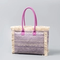 Bohemian purple and beige canvas tote bag with decorative tassels and pink rope handles - Pink Textured