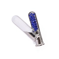 Detail van V-vormige broche met blauwe strassteentjes en wit emaille op zilveren legering - Reageerbuis