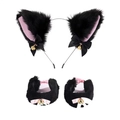 Plush cat ear headband and wristband set with pink bows and bells for costume parties - Black Faux Fur Pink Inner Cat Ears + One Pair Wristbands
