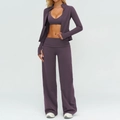 Driedelige yogaset met ritsjack en wijde broek in een stijlvolle stoffige paarse kleur - S / 4510-2 Jasje + 5529 Beha + 5529-2 Broek Met Wijde Pijpen (driedelige Set) Auberginepaars