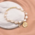 Golden baroque pearl bracelet with bee charm and crystals on pink silk background - Rhinestone Bee Decoration Bangle (GB0193)