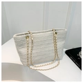 Close-up of white tweed tote bag with textured fabric and golden chain shoulder strap - White