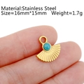 Golden stainless steel fan-shaped pendant with turquoise stone inlay, size 16mm x 15mm - DY789-2 Fan-shaped Green Stone