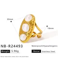 Adjustable golden stainless steel ring with three pearls and textured oval face - Oval Textured Style with 3 Pearls (NB-R24493)
