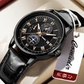 Business men's leather quartz watch with moon phase and roman numerals on black dial - Black Leather Black Case Black Dial