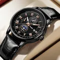 Montre homme quartz cuir avec phase de lune et chiffres romains sur cadran noir - Cuir Noir Boîtier Noir Cadran Noir