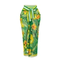 Close-up of tropical palm leaf print sarong with striped tie-waist detail - One Size / Sarong