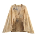 Women's V-neck floral blouse in yellow and blue with elastic waist and batwing sleeves - XS / Ginger Yellow with Blue Floral
