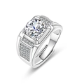 Luxury men's silver ring with large round zircon and pavé diamonds, adjustable open band style - Adjustable Open / Silver TMJ019