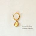 Detail of 14K gold stainless steel hoop earring with engraved Good Luck charm and dimensions - Good Luck Plaque