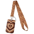 Detail view of heart-patterned lanyard with card holder and durable metal lobster clasp - Brown Beige Dark Brown Heart