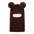 Detail of baby balaclava hat with dual pom-poms and thick white fleece lining - Coffee