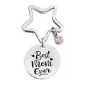 Silver stainless steel keyring with pink crystal and Best Mom Ever engraved charm - YW0006-Best Mom Ever Heart