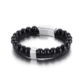 Men's double-layer black leather woven bracelet with stone beads and Ren character - Steel Color Resin Bead (Ren Character) (KB146480-KFC)