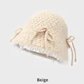 Beige knitted bucket hat with white lace trim and cute bow tie accents for women - M (54-58cm) / Beige