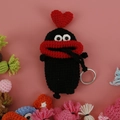 Handmade black crochet sausage mouth key case with red heart and silver ring - Black Sausage Mouth