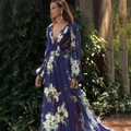 Navy blue V-neck maxi dress with white floral print and long sleeves for summer - S / Navy Blue (Bubble Cloth)