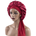 Wine red satin silk bonnet for sleeping with wide tie band shown on a female mannequin - Medium / Burgundy
