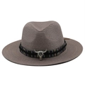 Close-up of dark grey woven straw hat featuring ethnic band and silver bull skull detail - M(56-58cm) / Dusty Rose