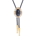 Macro view of gold crown bolo tie with black snowflake stone and woven leather cord - 20 (Gold with Snowflake Stone)