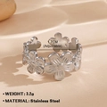 Silver flower band ring in stainless steel with adjustable open design and 1.7cm diameter - Panda 250 / Silver