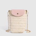 Vertical straw woven phone bag in cream and pink leather with a gold chain strap - Off White-Pink