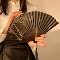 Bamboo folding fan with ink bamboo and dragonfly pattern and black tassel detail - Black Bamboo