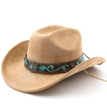 Chapeau de cowboy classique en daim camel avec bande brodée et boucle papillon argentée - M (56-58cm) / Khaki