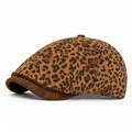 Retro leopard print ivy cap with brown faux suede brim and classic top button - Adjustable / Dark Khaki