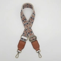 Detail of bohemian canvas strap with vintage floral pattern and bronze metal hooks - Beige/Blue With Antique Brass Hook