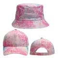 Detail view of tie-dye bucket hat and baseball cap set in pink and blue canvas fabric - Pink Blue Yellow Pastel Tie-Dye Set (Style 2) / Baseball Cap + Bucket Hat