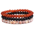 Three-piece natural stone bead bracelet set with red agate, black and white marbled gems - 6mm Red Agate & Onyx & Red Network Stone