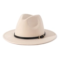 Close-up of off-white wool fedora hat with black leather band and gold metal buckle detail - M(56-58cm) / Beige + Black Belt