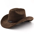 Detail of brown faux suede cowboy hat featuring turquoise studs on a leather band - Coffee