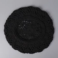 Detail of black crochet beret featuring intricate retro hollowed-out flower knit patterns - Black