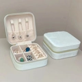 Portable cream white velvet jewelry organizer box with necklace hooks and ring slots - Square Zipper Style / Off White