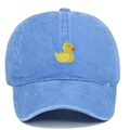 Close-up of yellow duck embroidery on washed blue cotton fabric baseball cap - Light Blue