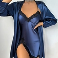 Dunkelblaues Satin-Pyjama-Set zweiteilig mit Spitzenbesatz und Seidenglanz für Damen - S / Marineblau