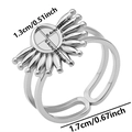 Detailed dimension layout of a silver stainless steel adjustable ring with sunburst base - J441 / Steel
