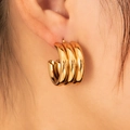 Polished gold multi-layer C-shaped hoop earrings for women with triple band design - Gold Triple Line C-Shape Hoop (BJGE0731)