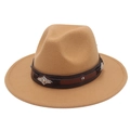 Classic camel wide-brim fedora hat with brown PU band and vintage silver metal accents - Camel