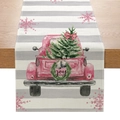 Chemin de table de Noël avec camion rose, sapins verts et couronne joy sur rayures - 33cmx180cm / Camionnette Rose Sapin de Noël (ZQ17-4)