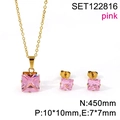 Pink square zircon necklace and stud earrings set in gold-plated stainless steel - Gold-Pink Stone