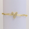 18k gold plated paperclip chain bracelet with a crystal-studded bubble letter Y pendant - Letter Y